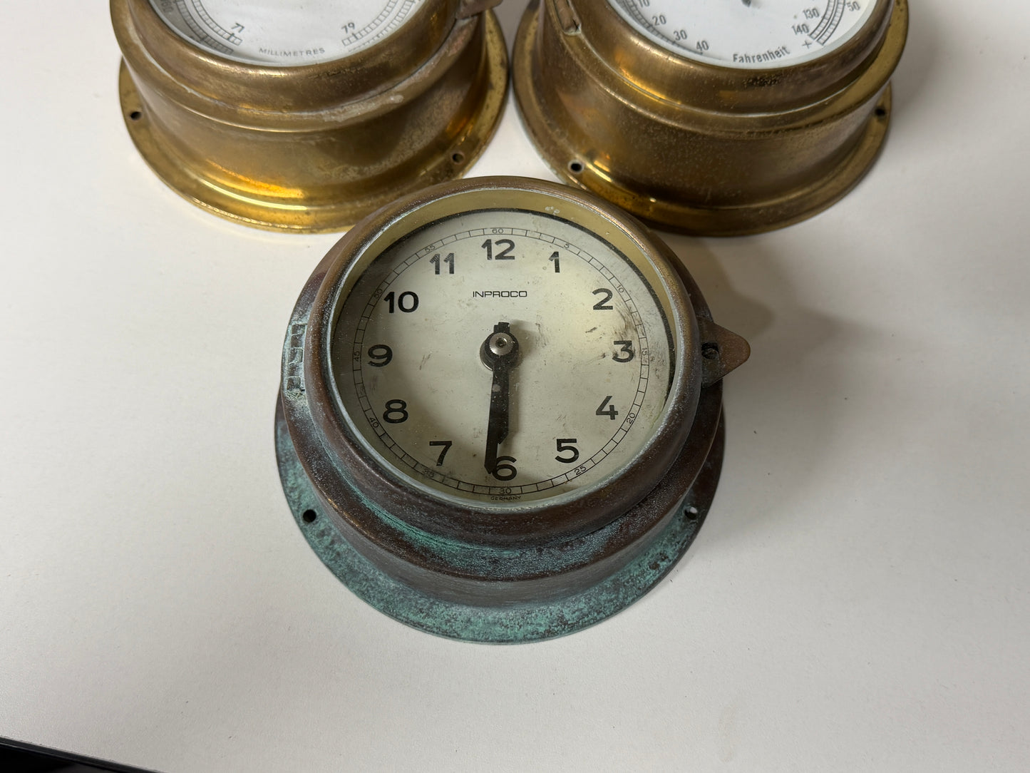 Bronzen/messing Inproco klok/temperatuur/barometer