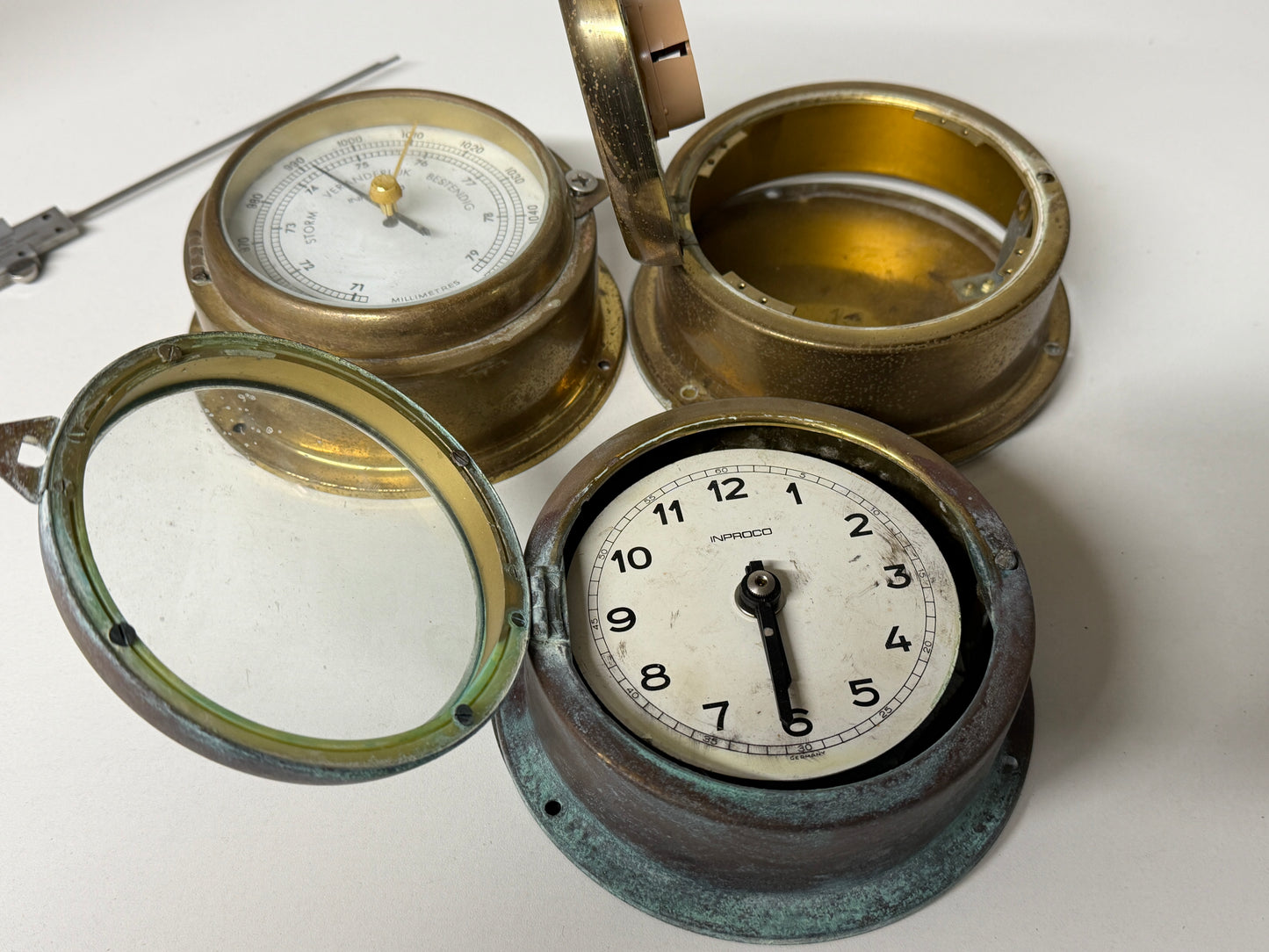 Bronzen/messing Inproco klok/temperatuur/barometer