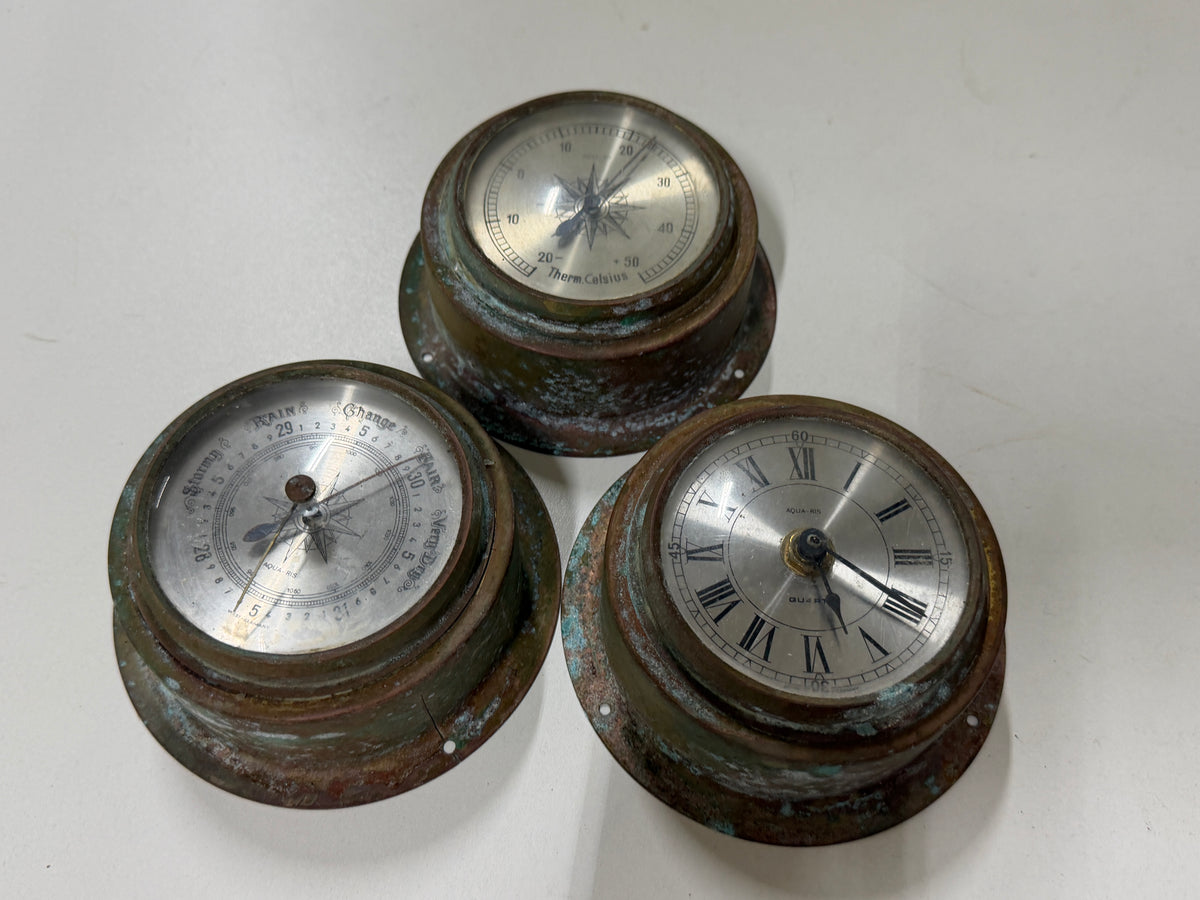 Bronzen/messing klok / thermometer / barometer