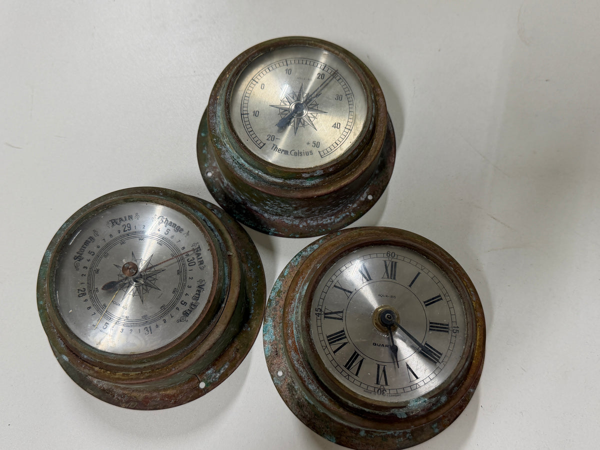 Bronzen/messing klok / thermometer / barometer