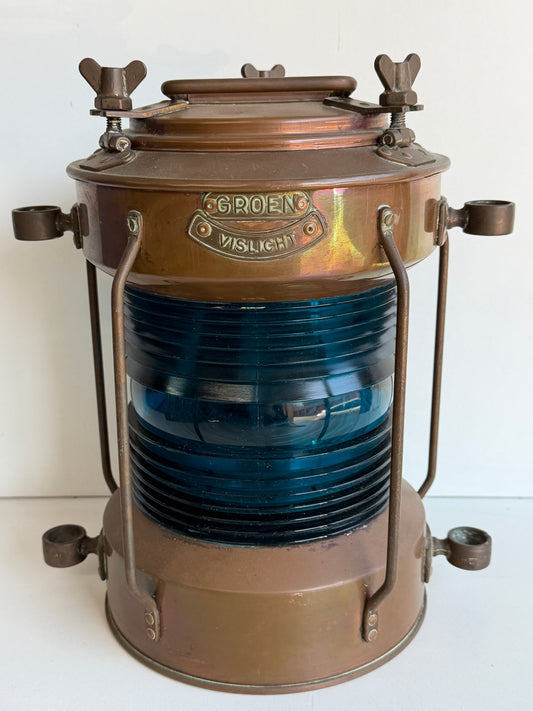 Koperen / messing Groen Vislight / Scheepslantaarn 32cm hoog