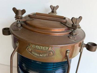 Koperen / messing Groen Vislight / Scheepslantaarn 32cm hoog