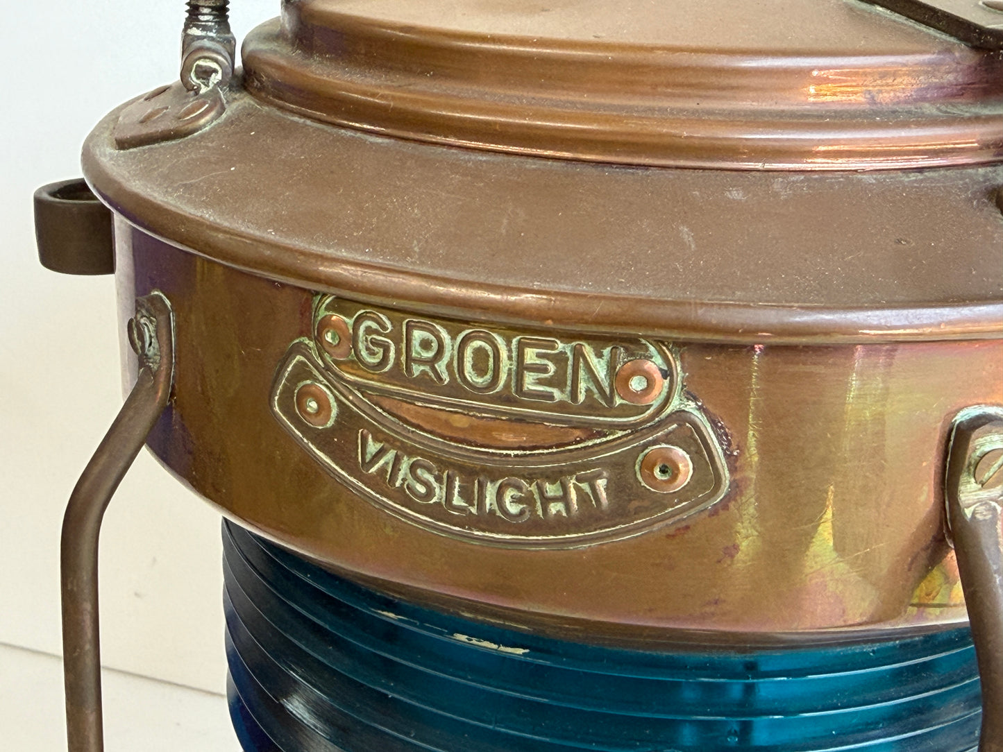 Koperen / messing Groen Vislight / Scheepslantaarn 32cm hoog