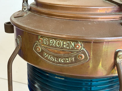 Koperen / messing Groen Vislight / Scheepslantaarn 32cm hoog